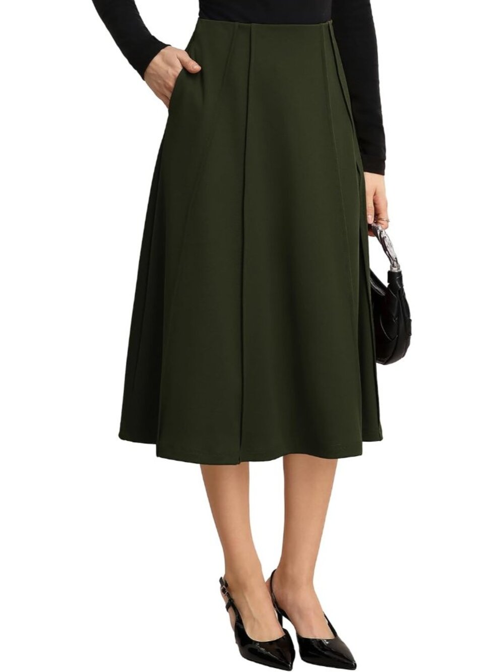 Women's Olive Panel-pleated High-waisted Deep Side Pockets A Line Flowy Skirt